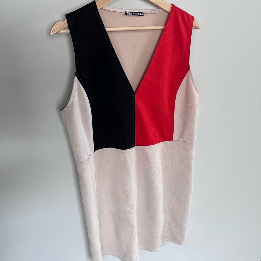 Zara Women XL Colorblock Faux Suede V-Neck Mini Dress Beige Black Red Sleeveless